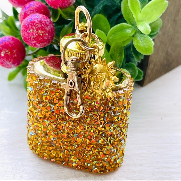 MINI FLASK crystal encrusted keyring IRIDESCENT keyfob CELESTIAL mini flask GOLD - Picture 2 of 7